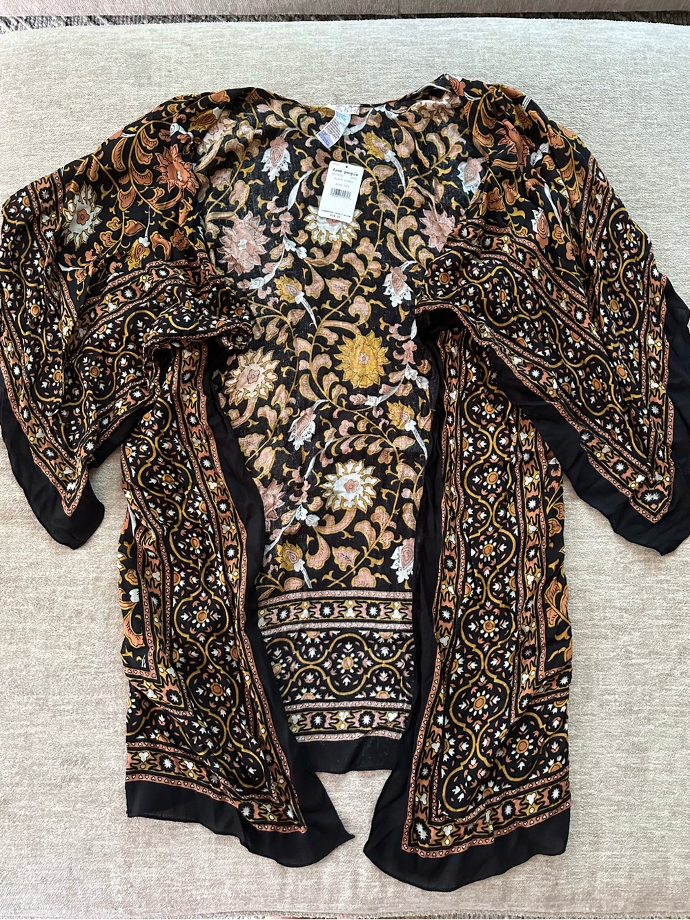 Free People Black Floral Boho Kimono with Gold & Pink Accents